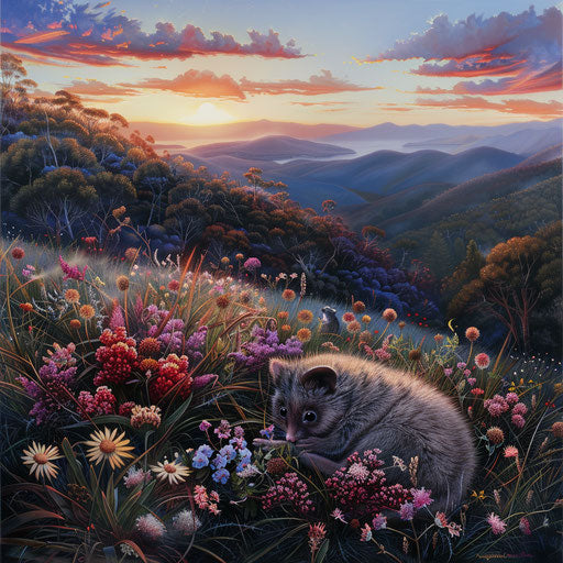 Serene sunrise over the Australian Alps with mountain pygmy possum curled among wildflowers