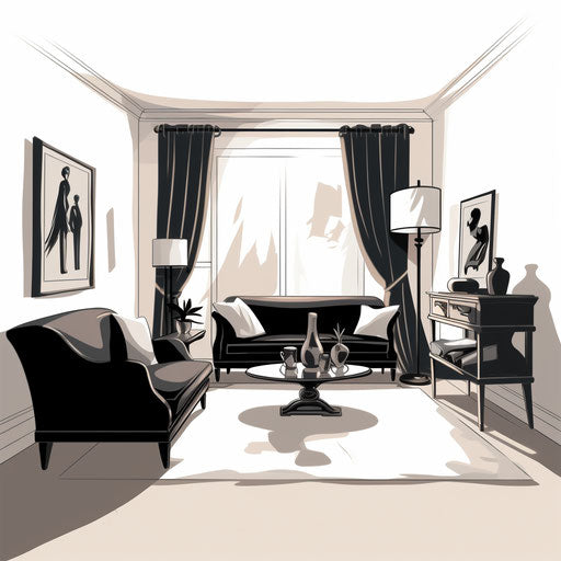 Living room clipart in the style of Chiaroscuro Art, on white background