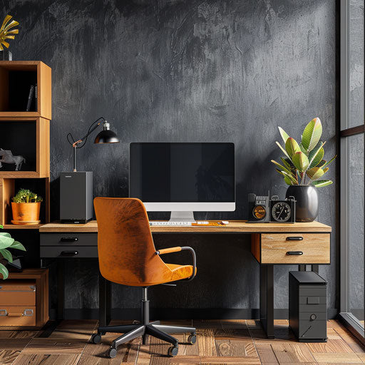 Stylish home office with large desk and ergonomic accessories