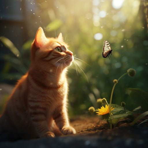 Ginger cat staring at an insect