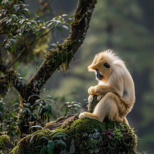 Yunnan snub-nosed monkey meditating on mossy rock