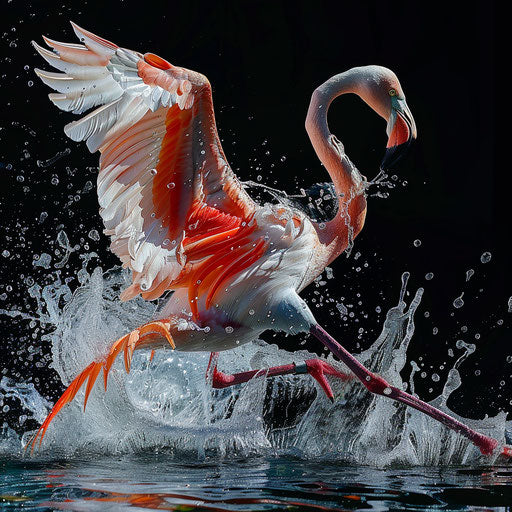Flamingo taking off with water droplets