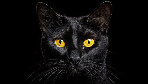Black cat with yellow eyes on black background, keith carter style