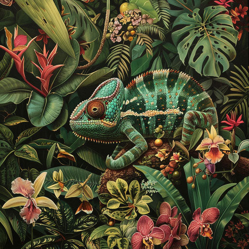 A chameleon in a botanical garden, camouflaging among exotic plants and flowers