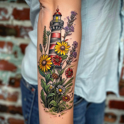 Wildflower tattoo with lighthouse, nautical theme, bright colors, guiding light