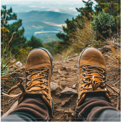 Hiker's boots on a rugged trail