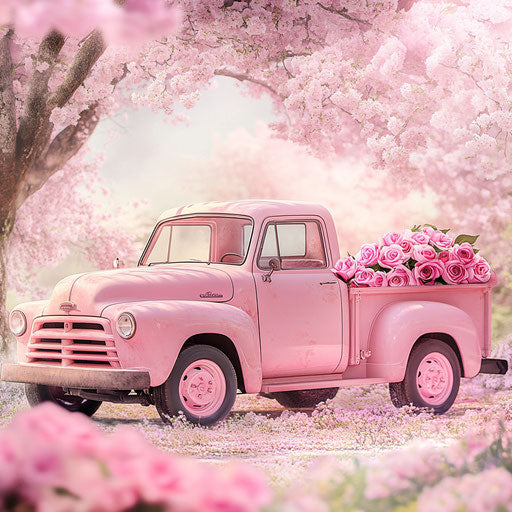 Pink vintage truck with pink roses in the trunk, digital backdrop for photography, springtime, cherry blossoms, soft pastel colors, photorealistic, high resolution, hyperrealistic