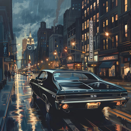 1969 Chevrolet Chevelle SS with custom luxury interior, cruising glamorous city at night