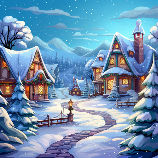 Wintertime with Christmas village background free cartoon drawing coloring, poetic landscapes style captivating