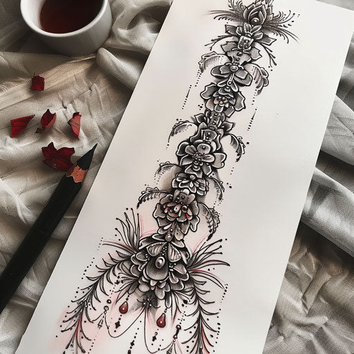 Vintage lace spine tattoo sketch, detailed in black ink with a touch of red on a white sheet