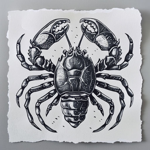 Cancer zodiac tattoo in linocut print on white paper