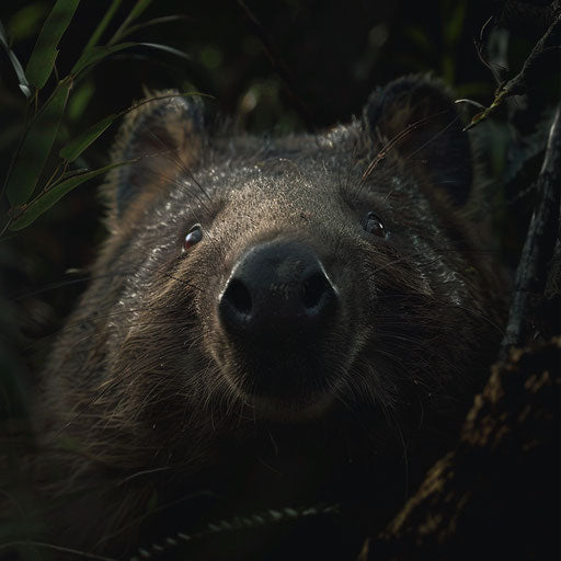 Expressive portrait of a wombat in a shadowy forest