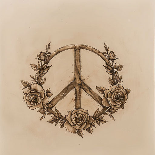 Vintage peace tattoo sketch with classic peace sign and roses in muted earth tones