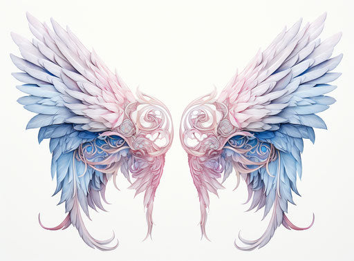 Blue and pink wings on white, intricate illustrations, soft mist, light pink and amber, anime aesthetic