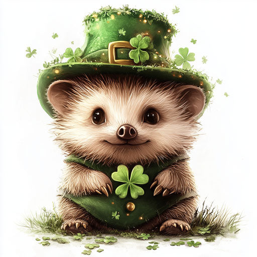 St. Patrick's Day, cute baby hedgehog in green with hat and clovers