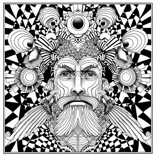Father figure at the center of a complex zentangle design