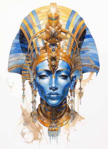 The face of an Egyptian pharaoh painted with yellow and bright blue colors