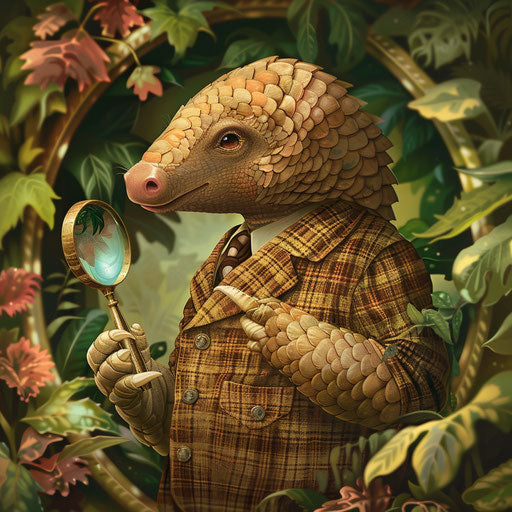 A pangolin detective with a magnifying glass, solving mysteries.