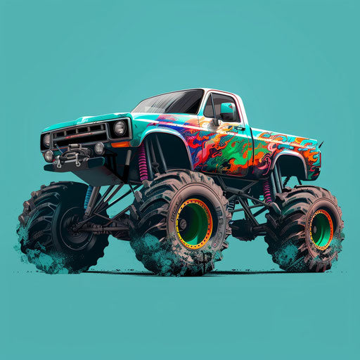 Realistic depiction of a monster truck with plain teal backdrop