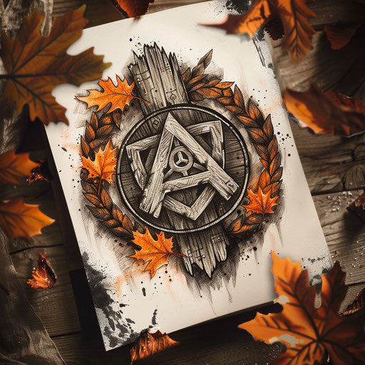 Rustic rune surrounded by autumn leaves in orange and brown