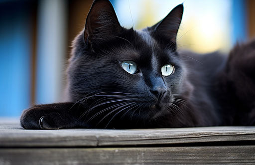 Black cat on a wooden deck, indigo and dark gray style, masculine velvety textures, booru, pretty 17:11