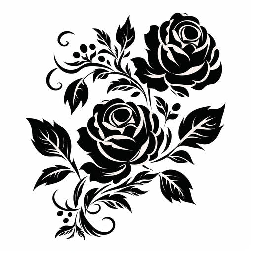 Black plant vector with roses and leaves, stencil style, captivating