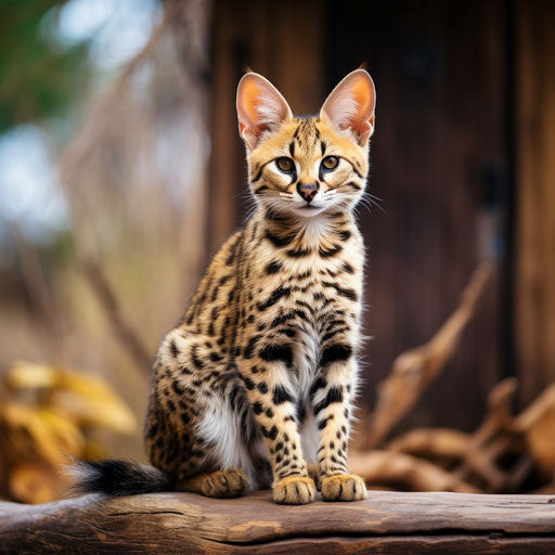 A serval cat sitting in front of a log cabin