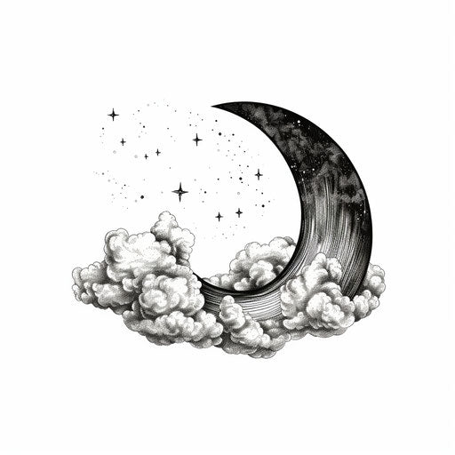 Drawing of crescent and clouds in black and white