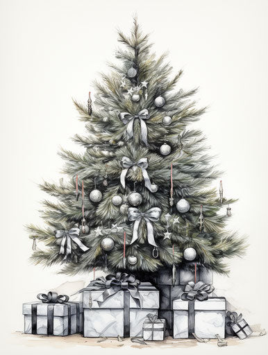 Christmas Tree with Gifts, Black and White Realism, Captivating