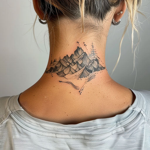 Abstract mountain range tattoo on neck