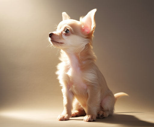 Chihuahua puppy gazing out, light maroon and light gold style
