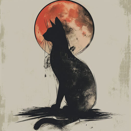 Simplistic and clean flat tattoo sketch of Bastet's silhouette against a full moon
