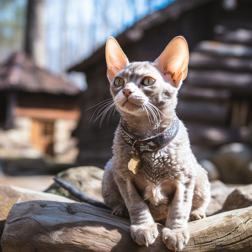 Devon Rex cat sitting in front of a log cabin
