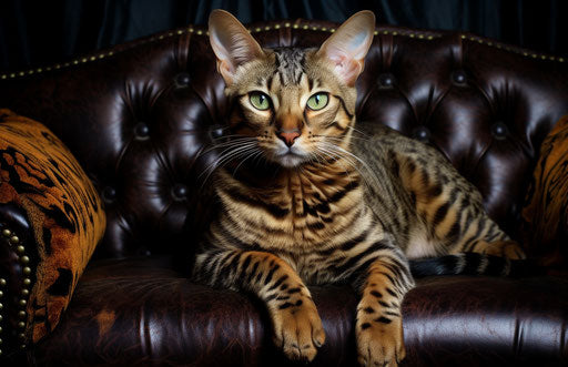 Bengal cat lounging on top of a leather settee