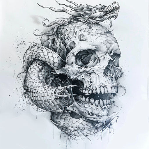 Skull tattoo intertwined with a dragon on white backdrop