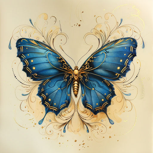 Stylish flat tattoo sketch of a blue butterfly with gold foil accents and elegant swirls