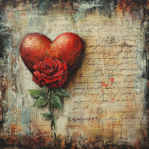 Valentine's Day wall art with red heart and rose on vintage love letters background, distressed textures, stenciled hearts, detailed oil painting style, red colors, romantic, shabby chic