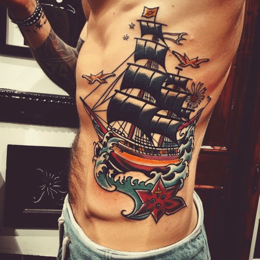 Men's rib tattoos with nautical theme, Sailor Jerry style