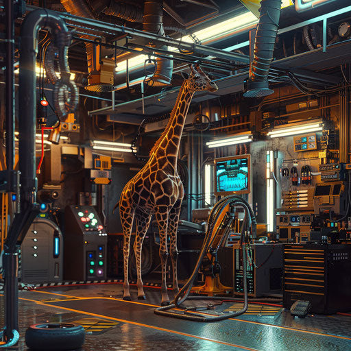 A giraffe mechanic at a high-tech garage