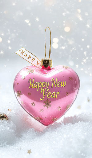 Pink heart pendant happy new year snowy stars cute