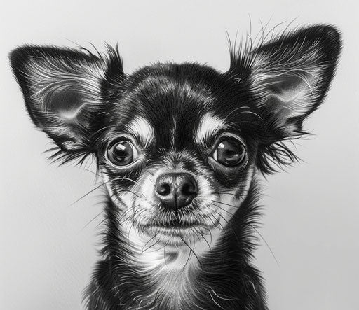 Black & white chihuahua drawing, patricia piccinini style