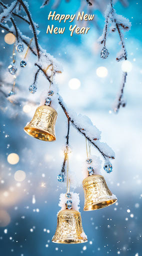 Shimmering golden bells on snow-covered branches