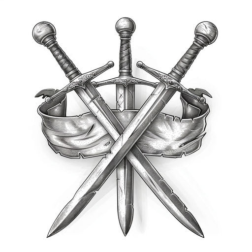 Pencil illustration of a pair of crossed swords with a scroll, honor and history, on a white background.