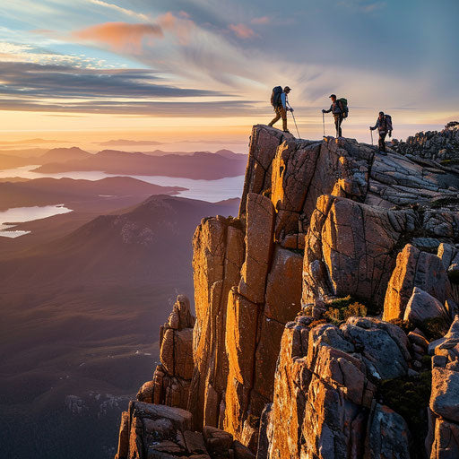 Hikers climbing Mount Wellington, Tasmania with panoramic views, Jimmy Chin style