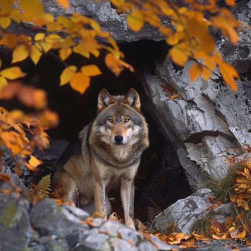Wolf guardian near den under rocky outcrop