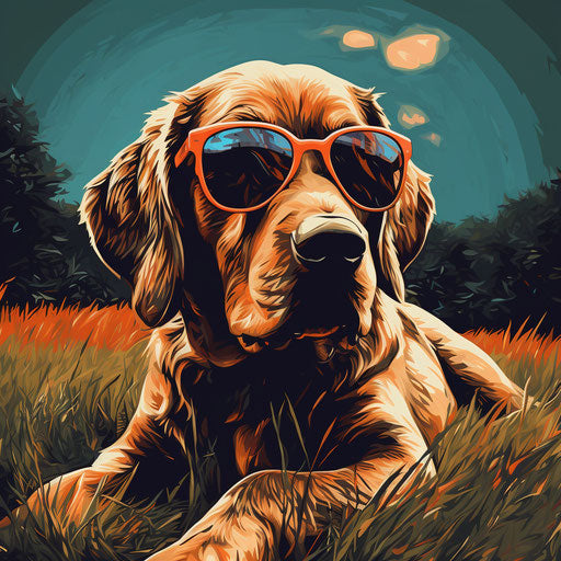 Dog with sunglasses on the grass