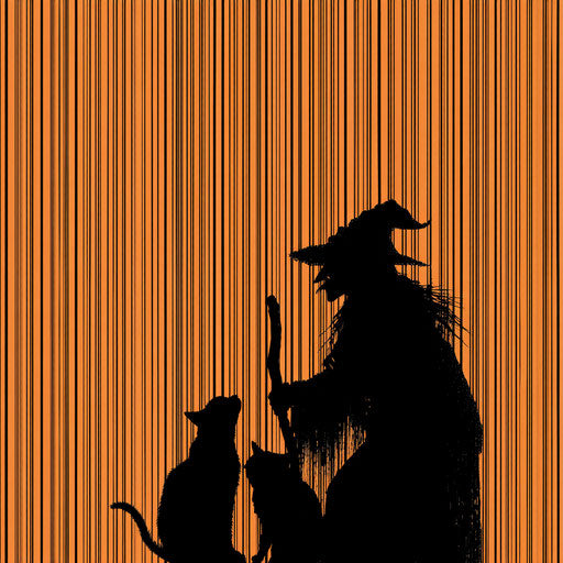 Witch and cat silhouettes on an orange striped background