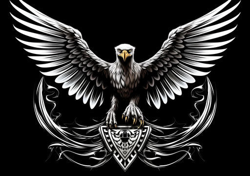 Black and white eagle logo with wings spread, Florentine Renaissance style