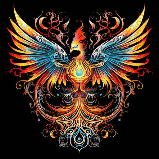 Decorative drawing of Phoenix bird in opulent ornamentation style