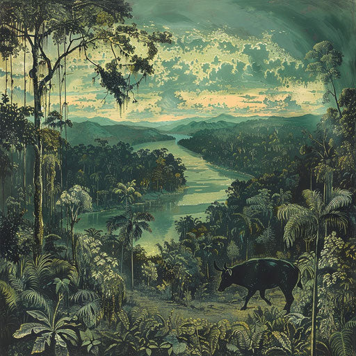 Panoramic view of rainforest with Baird's tapir at river